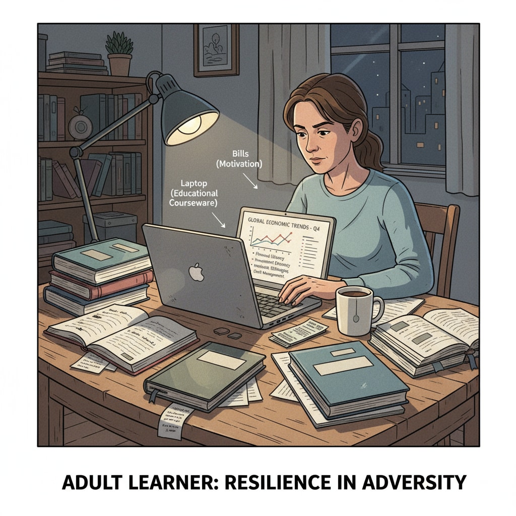 An adult student is shown studying at home. There are books spread out on the table, and a laptop is open with educational materials on the screen. This represents the dedication of adult learners in difficult financial situations. An adult learner studying at home amidst economic hardships to pursue a high school diploma