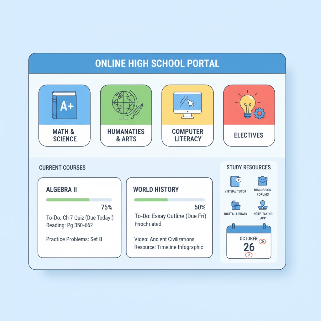 A screenshot of an online high school course dashboard. It displays different subject icons, assignment lists, and study resources available to students. Online high school course dashboard for adult learners aiming for a diploma