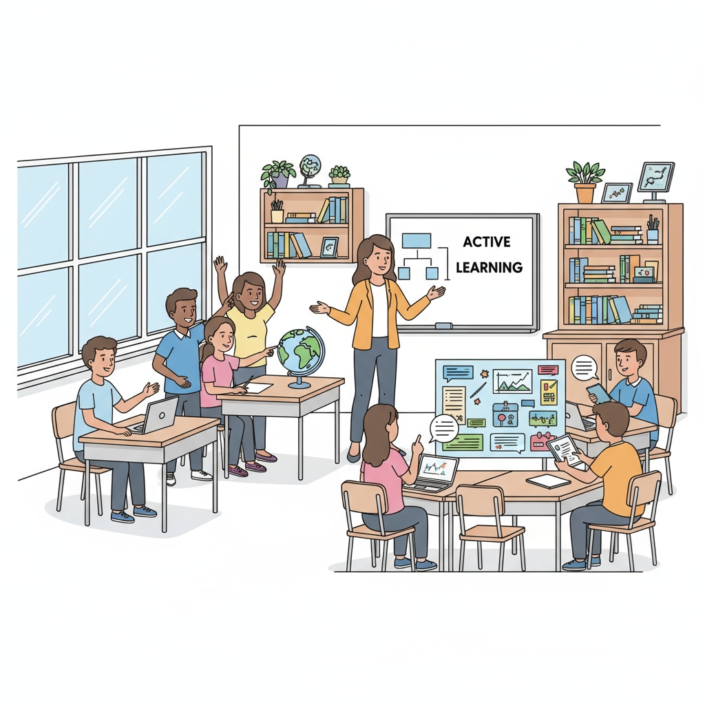 A classroom scene with students actively participating in discussions, showing an active learning environment. Classroom scene related to education, lifelong learning, and success