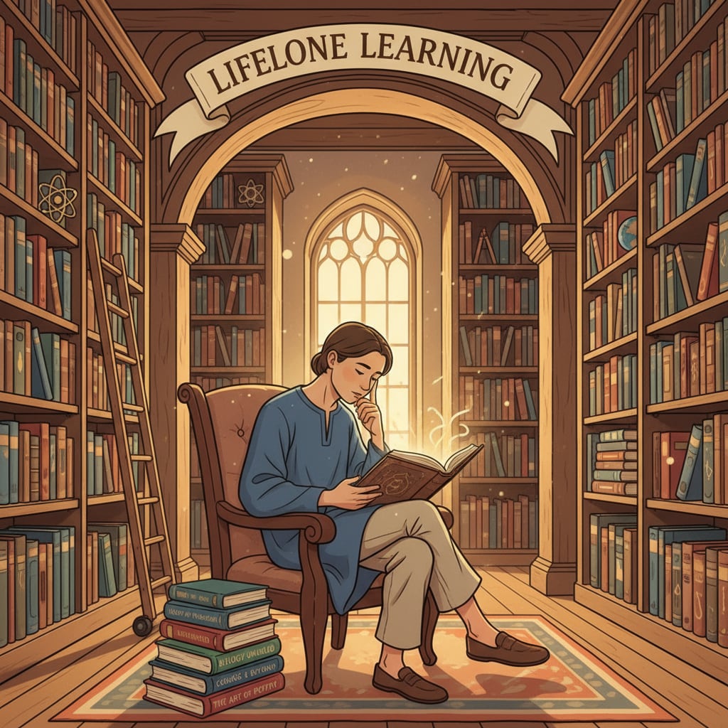 A person sitting in a library, surrounded by books, absorbed in reading, representing the pursuit of lifelong learning. A person engaged in lifelong learning, related to education and success