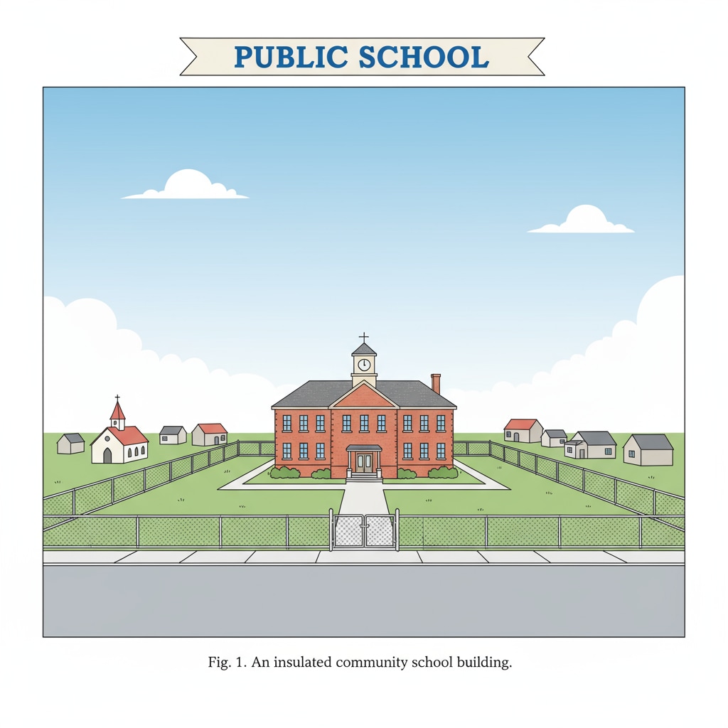 A small town public school building stands with a clear divide from the surrounding community buildings, showing a sense of isolation. A view of a small town public school isolated from the community, highlighting school system independence and community separation
