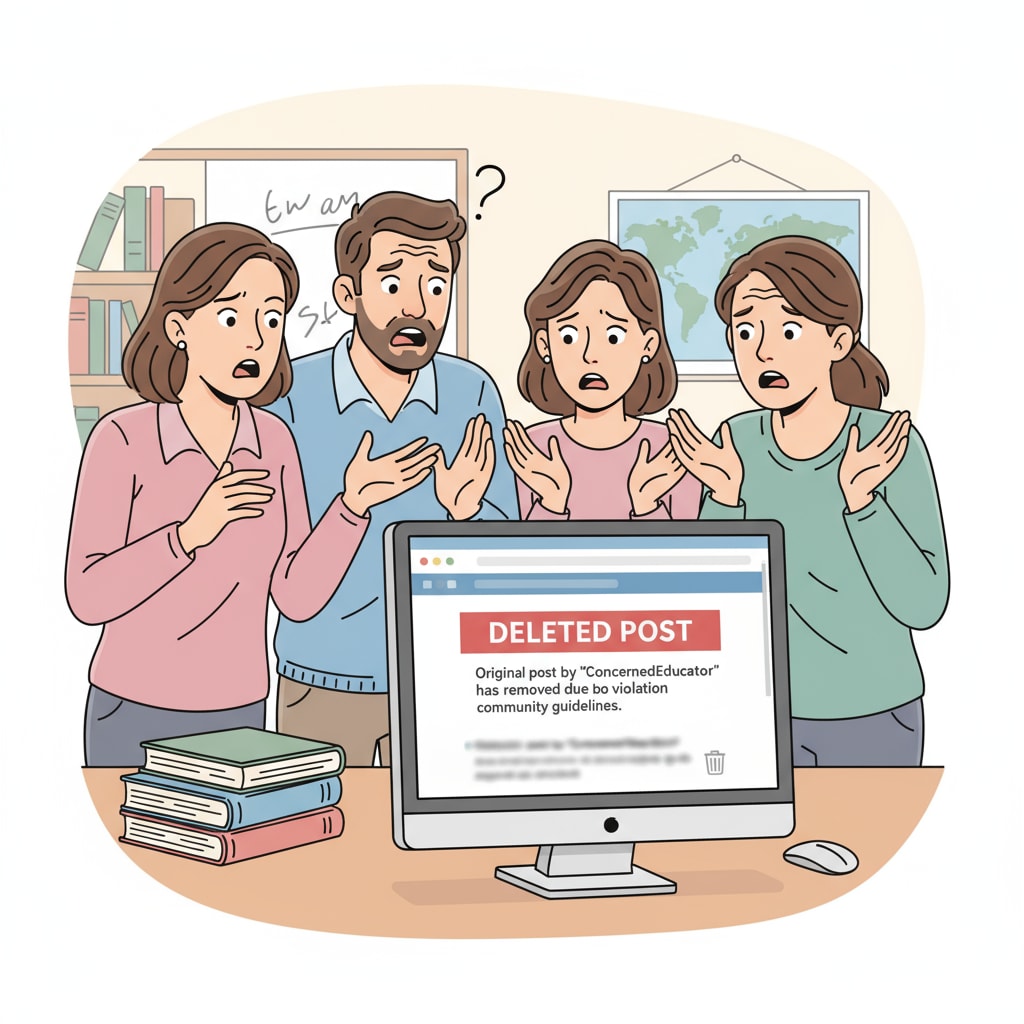 A group of teachers looking confused at a computer screen showing a deleted post in an educational forum Teachers confused about post deletion in an educational PLC
