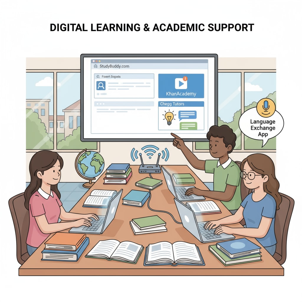 An illustration depicting students using various online platforms to seek academic help, with books and laptops in the scene. Brainly alternatives for academic assistance and homework completion in an illustrated scene