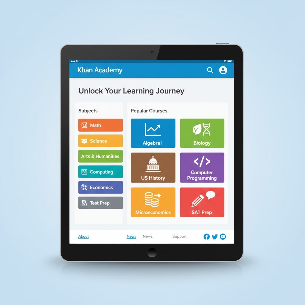 A screenshot of the Khan Academy website, showing a list of different courses available for students to learn from. Screenshot of Khan Academy as a Brainly alternative for academic help and homework completion