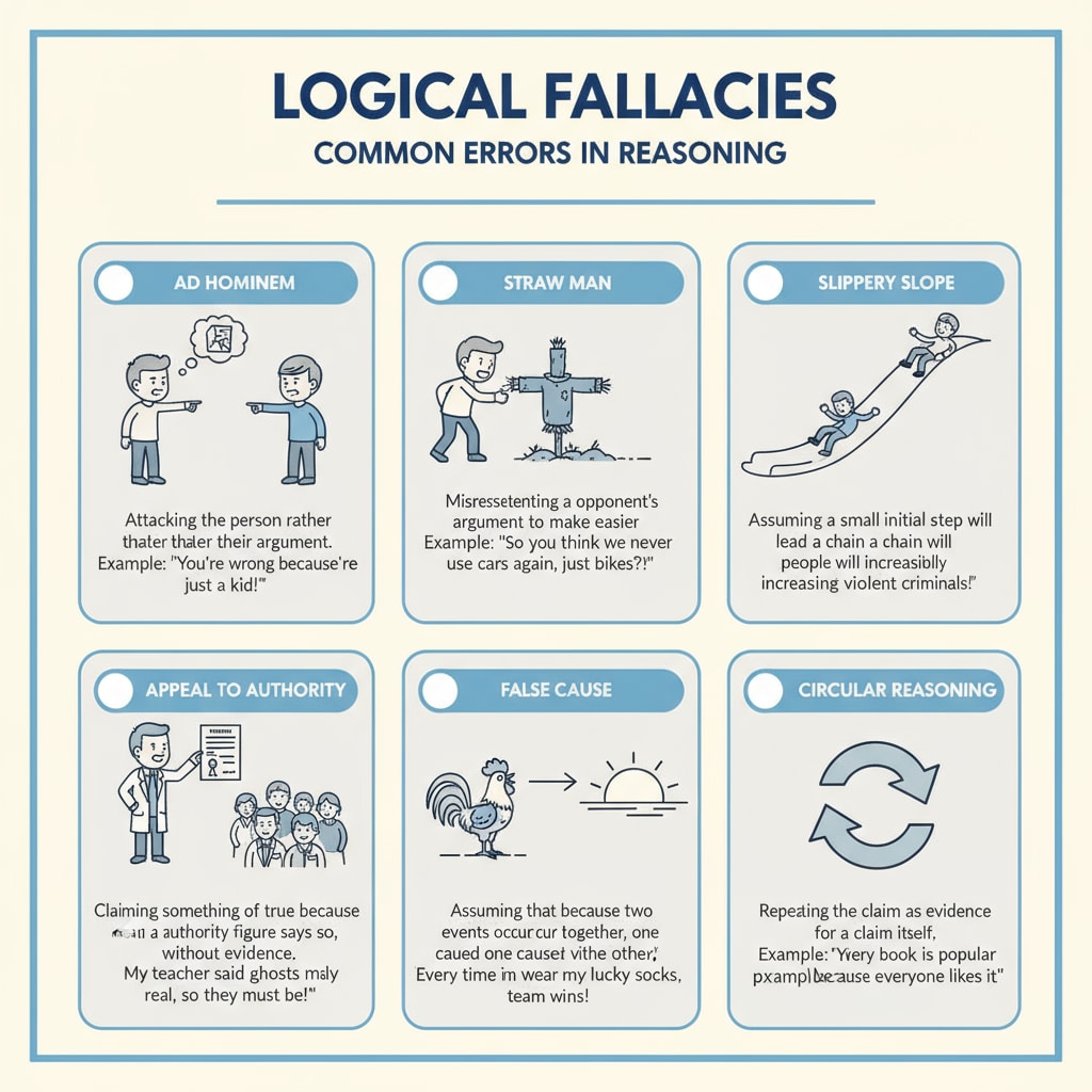 An infographic that clearly displays various types of logical fallacies, with simple explanations and examples for each type, helping to visually illustrate the concept. Infographic of different types of logical fallacies related to critical thinking and propaganda recognition