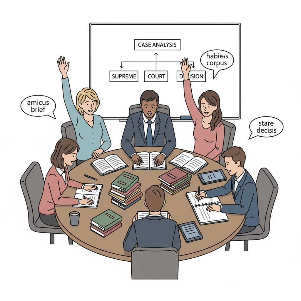 A group of law students are sitting around a table, having an animated discussion. Some are raising their hands, others are jotting down notes. They are actively engaged in asking and answering questions related to a legal case. Law students engaged in active Q&A learning related to law school learning, active recall, and spaced repetition