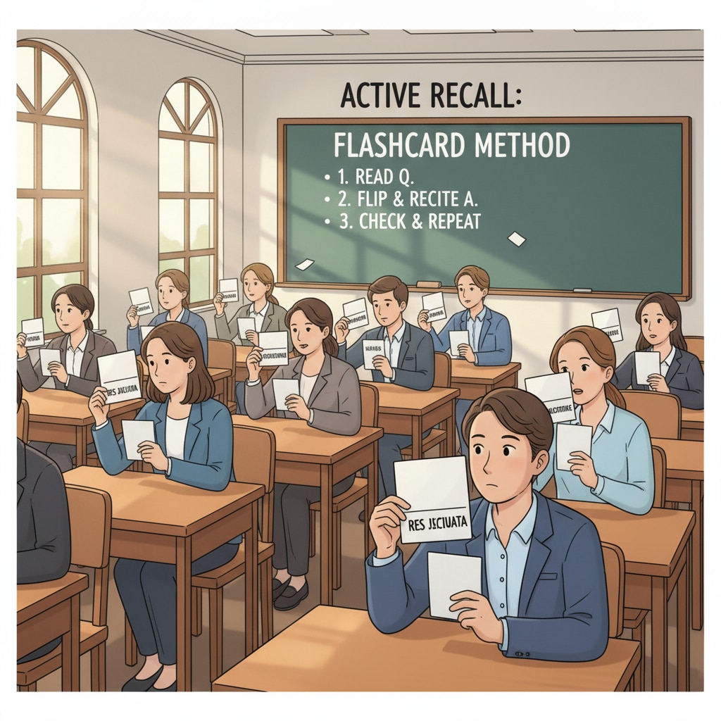 Law students are sitting at their desks, using flashcards. Some are flipping through the cards, trying to recall the information on the back without looking. This is an example of using flashcards for active recall in law school. Law students using flashcards for active recall as part of law school learning and spaced repetition