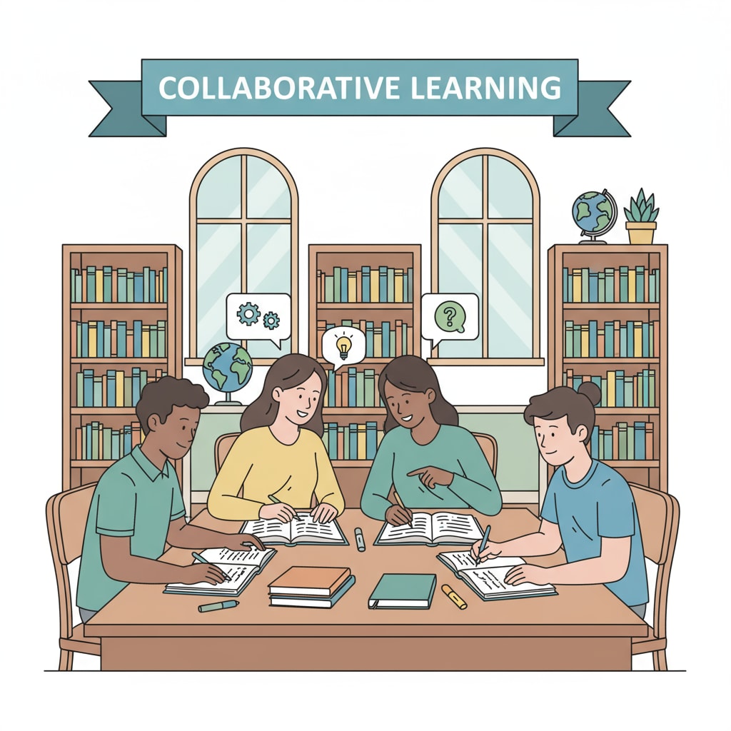A group of students are sitting around a table in a library, books and notebooks in front of them, engaged in study discussions. Students studying together to overcome high school underperformance and fill educational gaps while building key skills