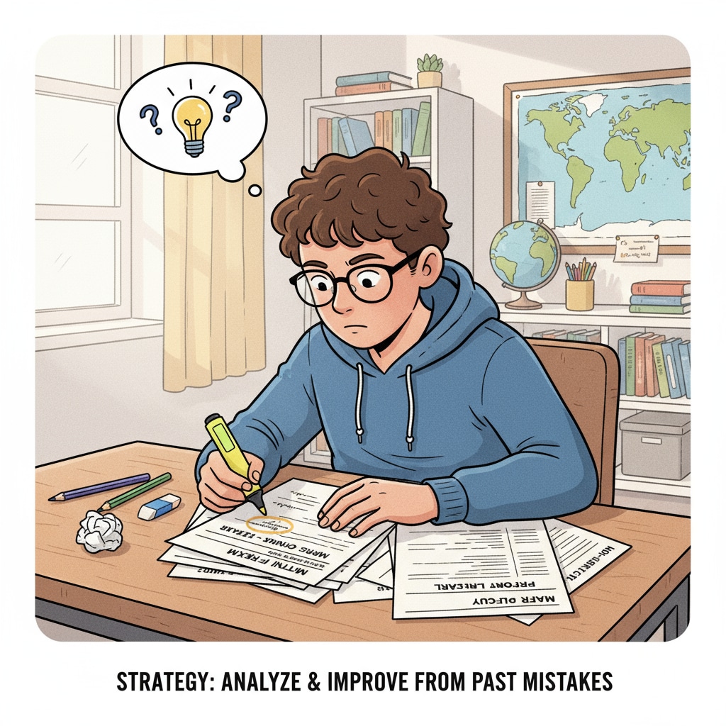 A student is sitting at a desk, carefully looking through old test papers, highlighting areas of weakness. Student analyzing test papers to identify educational gaps after high school underperformance and work on key skills improvement