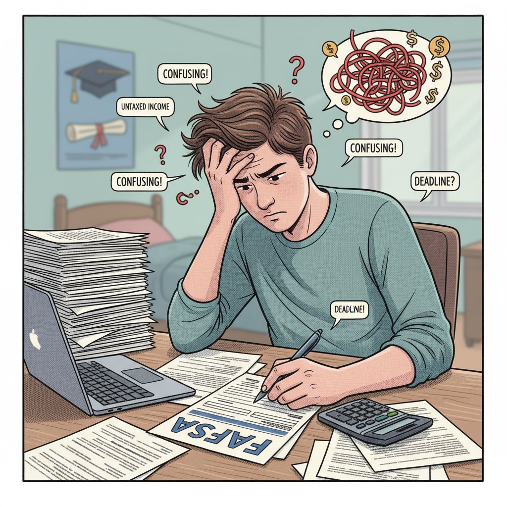 A student sitting at a desk, looking stressed while filling out FAFSA forms, highlighting the challenges of the application process. A stressed student filling out FAFSA forms for a nursing degree after an associate degree