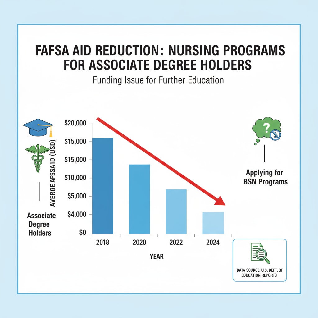 A graph showing the decline in FAFSA aid for associate degree holders applying for nursing programs, visually representing the funding issue. Graph depicting the decrease in FAFSA aid for those with an associate degree applying for nursing degrees