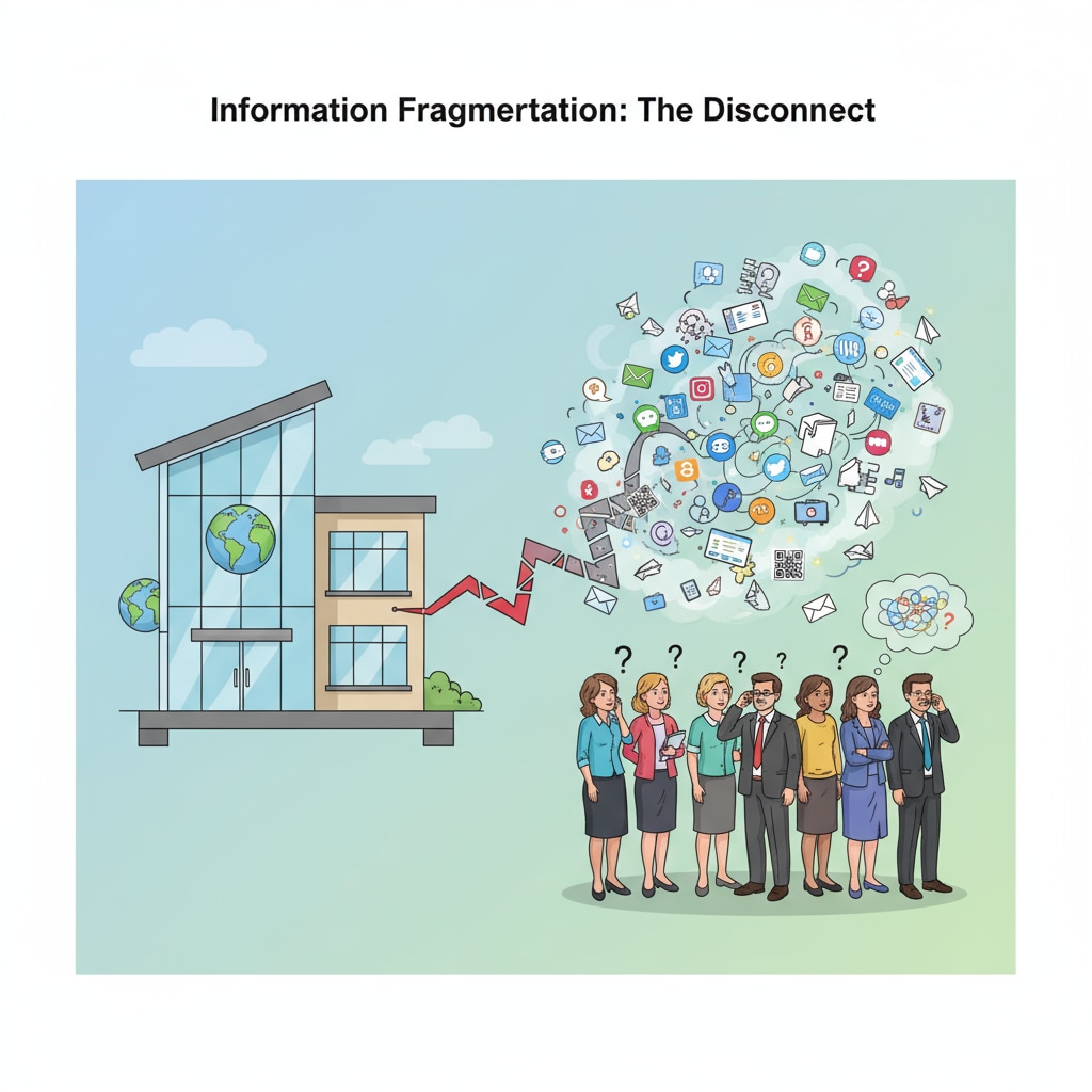 An illustration shows a broken connection between an international school building and parents standing outside, with different communication platforms floating around, indicating the chaos of information fragmentation. Representation of the problem in international school communication systems regarding information fragmentation for parents.