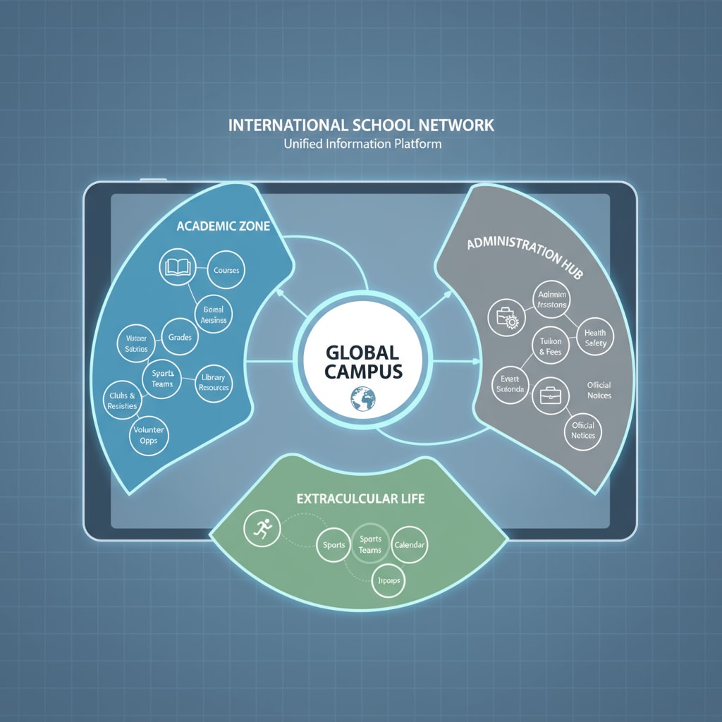 A diagram shows a single, unified app interface with different sections for academic, extracurricular, and administrative information, all connected to a central hub for international school information sharing. Visualization of a unified platform for international school information sharing to improve parent communication and information acquisition.