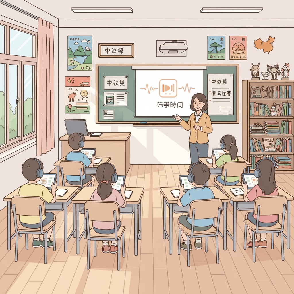 A classroom scene where students are listening to audiobooks during a Chinese language lesson. Students listening to audiobooks for Chinese language learning