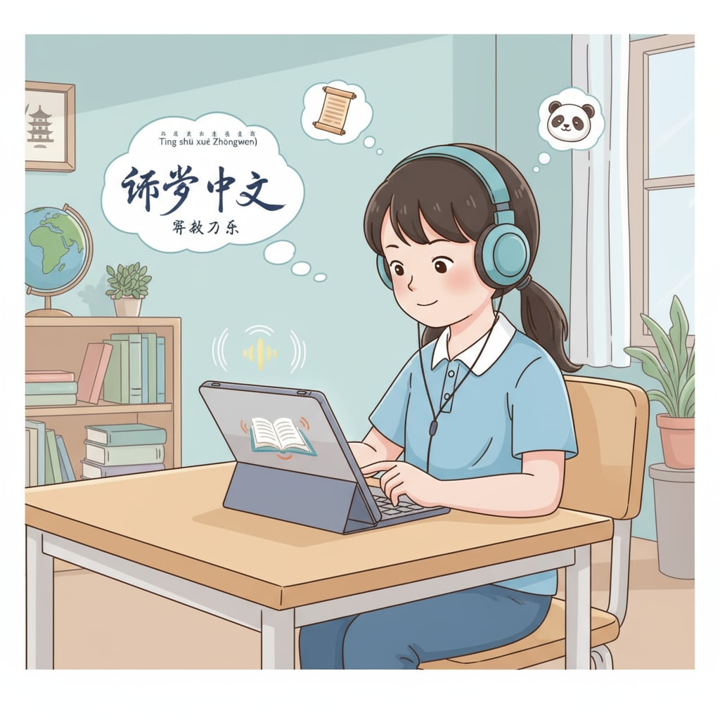 A student concentrating on listening to an audiobook on a tablet, with Chinese language text visible on the screen. Student using a tablet to listen to a Chinese language audiobook