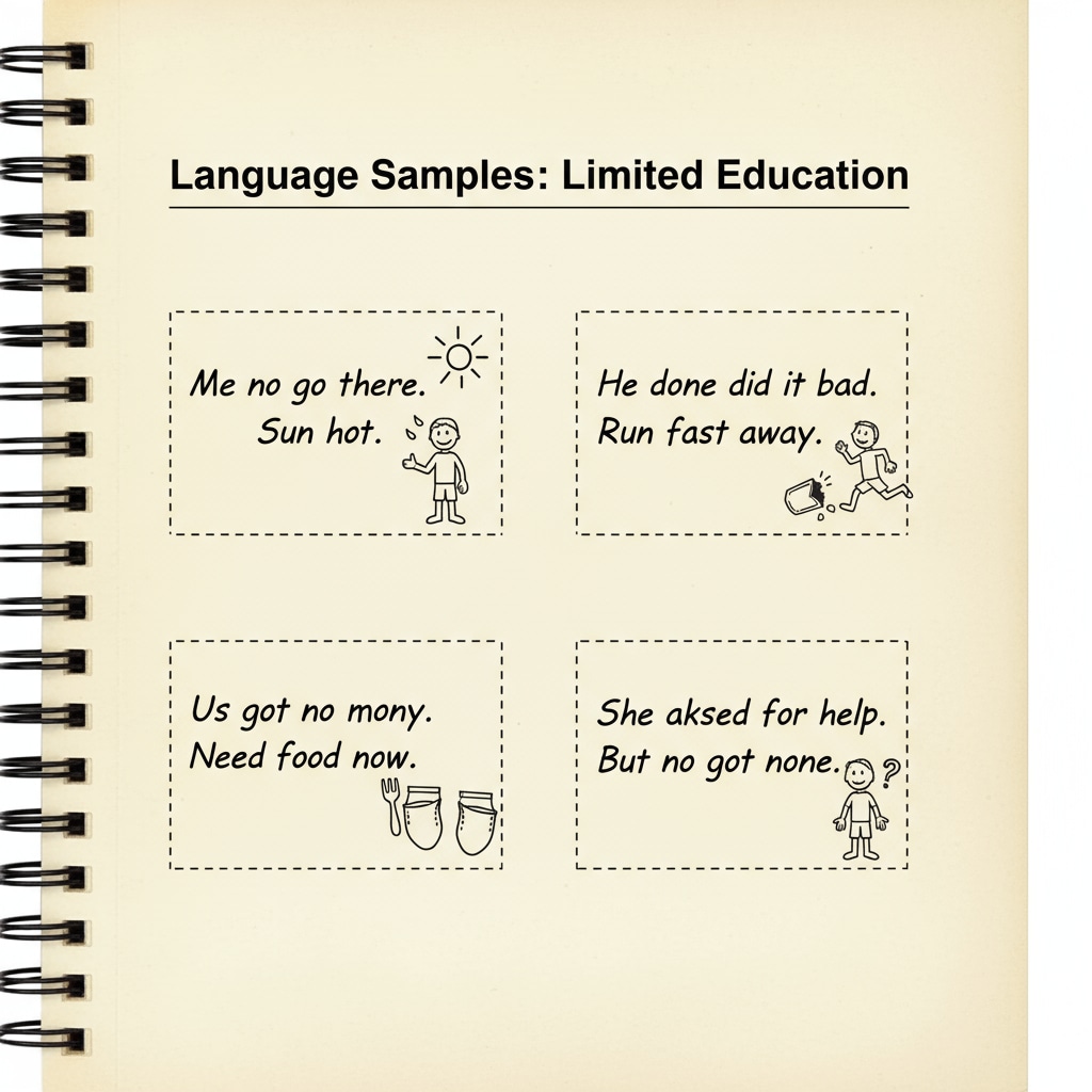 A page with simple, misspelled sentences written on it, representing the kind of language that characters with limited education might use. Language of characters with limited education in novel writing