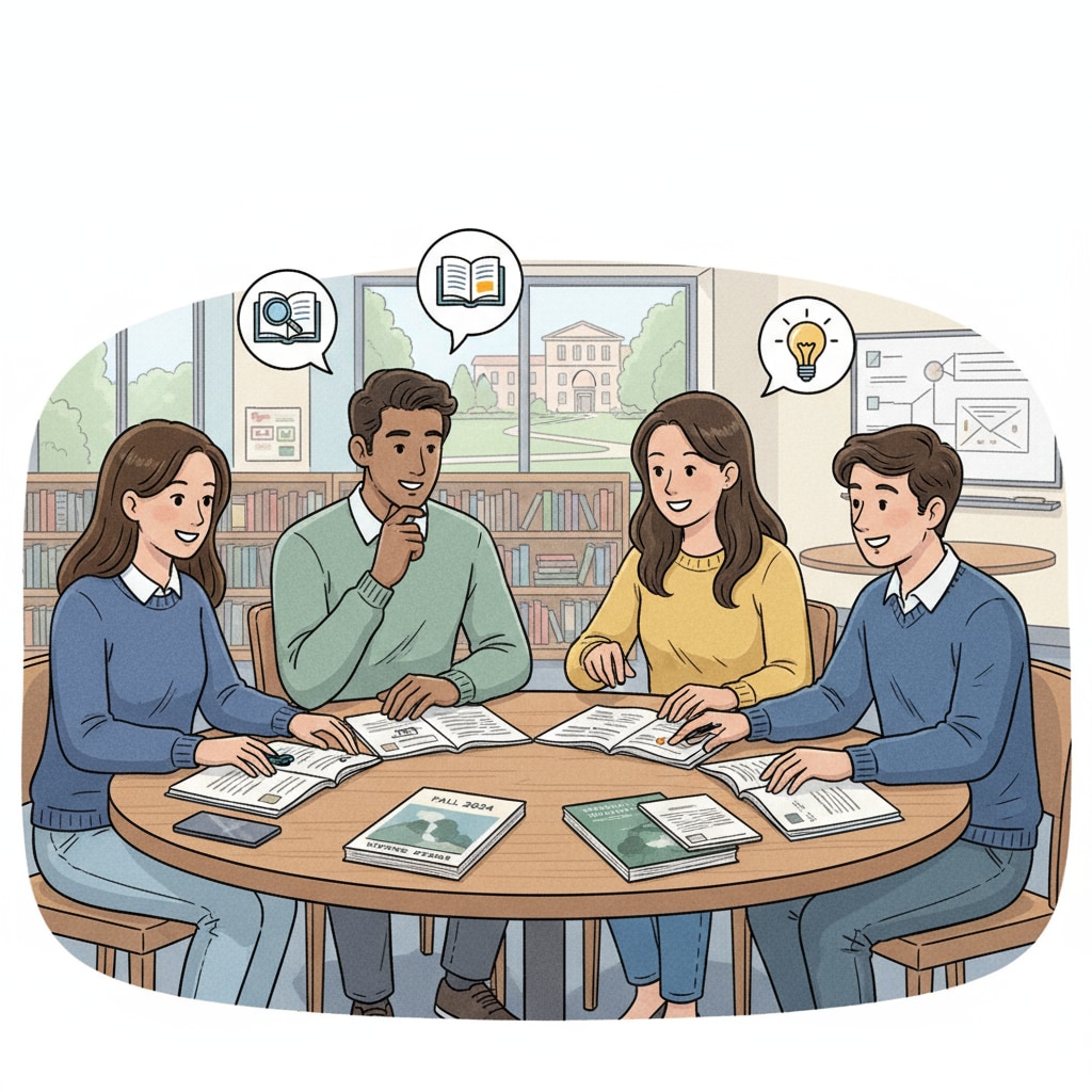 A group of community college students are sitting around a table, looking at course catalogs and discussing their options for the upcoming semester. Community college students discussing course selection motivations and attractions