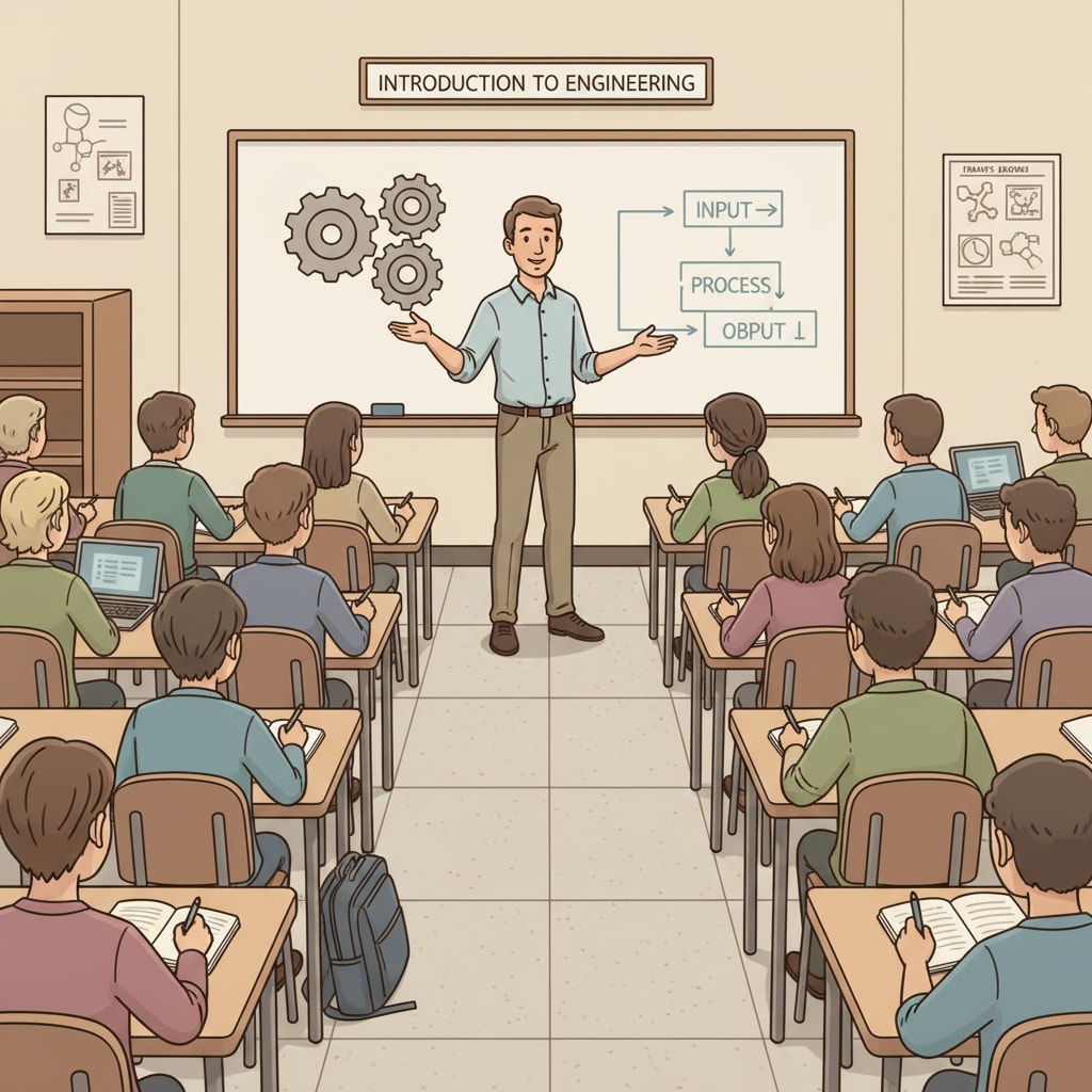 An instructor is standing in front of a whiteboard, passionately teaching a class of community college students. The students are engaged and taking notes. An enthusiastic instructor teaching a community college class to students interested in the course content