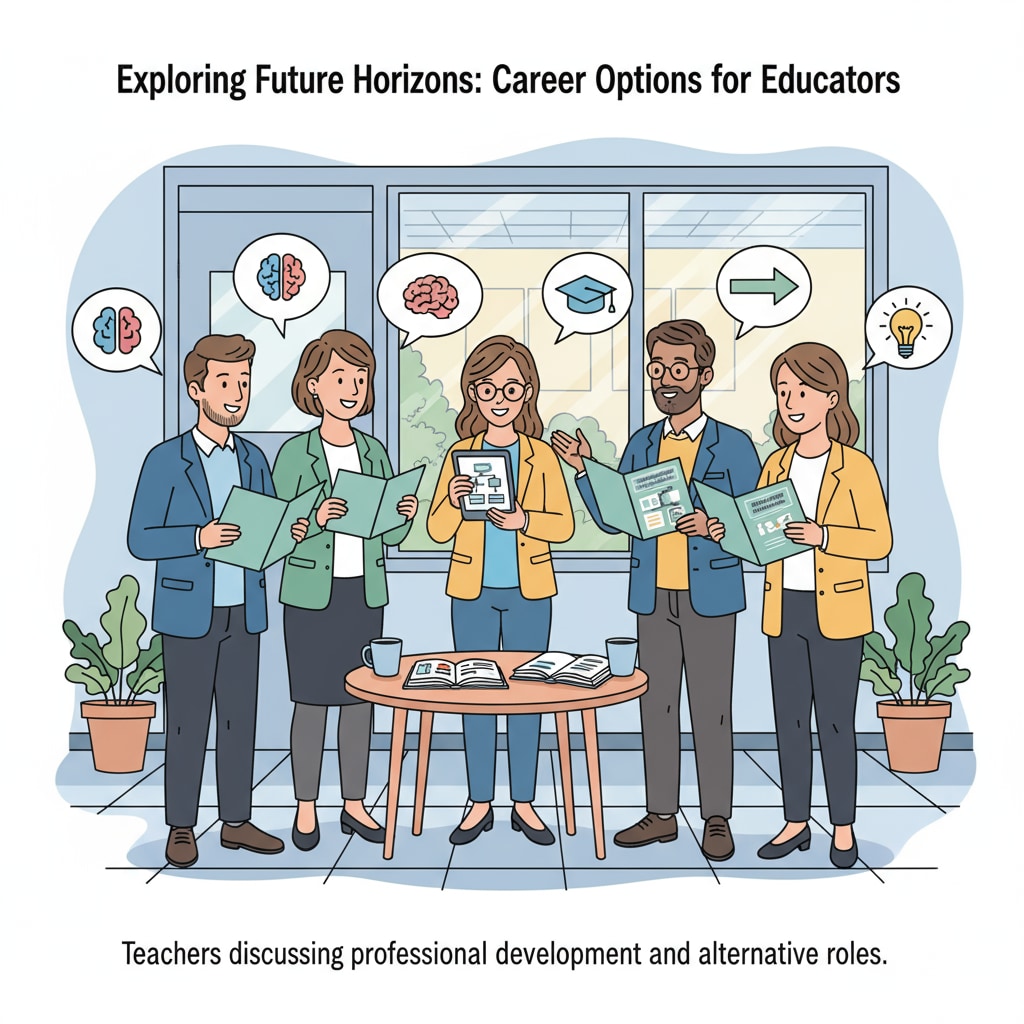A group of teachers is engaged in a discussion about their future career options outside the classroom, looking at various brochures and having a lively conversation. Teachers discussing career transition options beyond the classroom related to teacher career transition, professional development, and educational qualifications