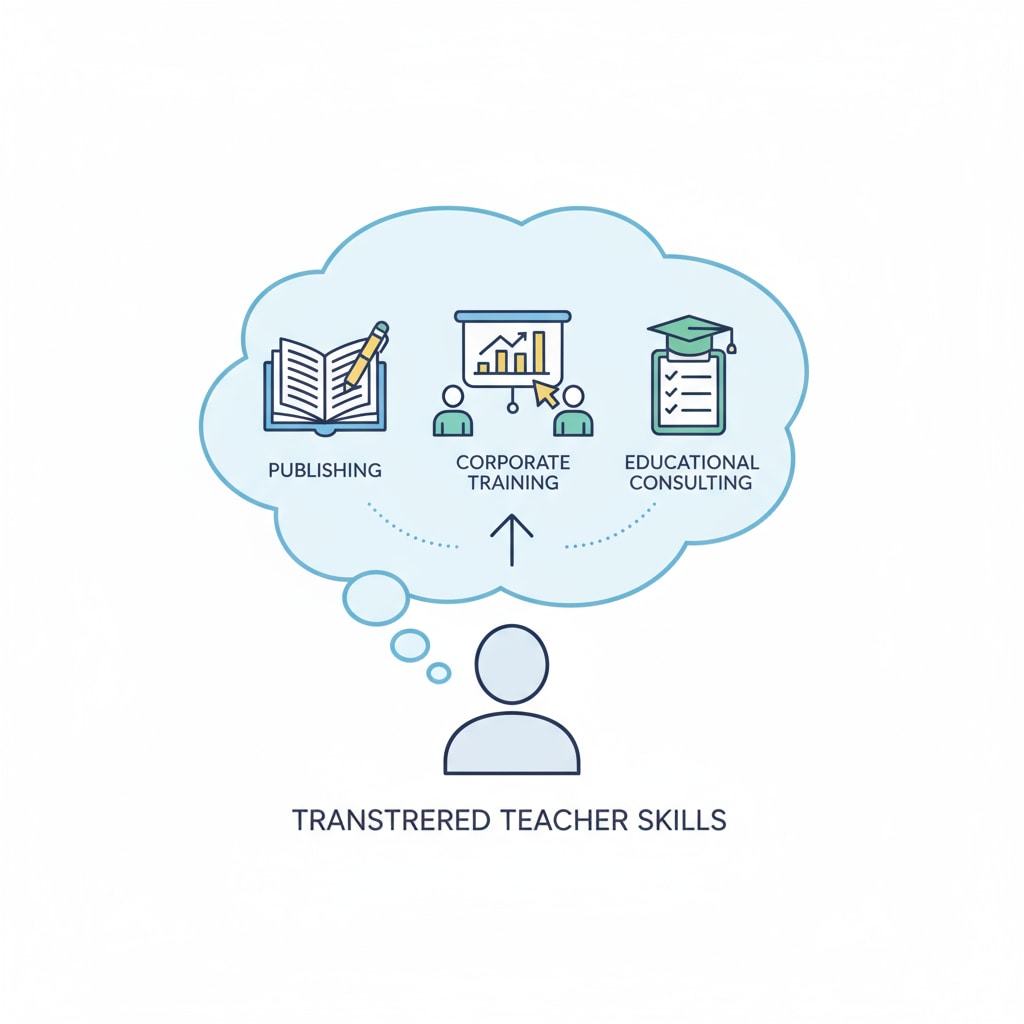 A person is shown with a thought bubble that contains different job icons such as a book for publishing, a presentation screen for corporate training, and a clipboard for educational consulting, representing transferred teacher skills. Visual representation of different job roles related to transferred teacher skills in the context of teacher career transition, professional development, and educational qualifications
