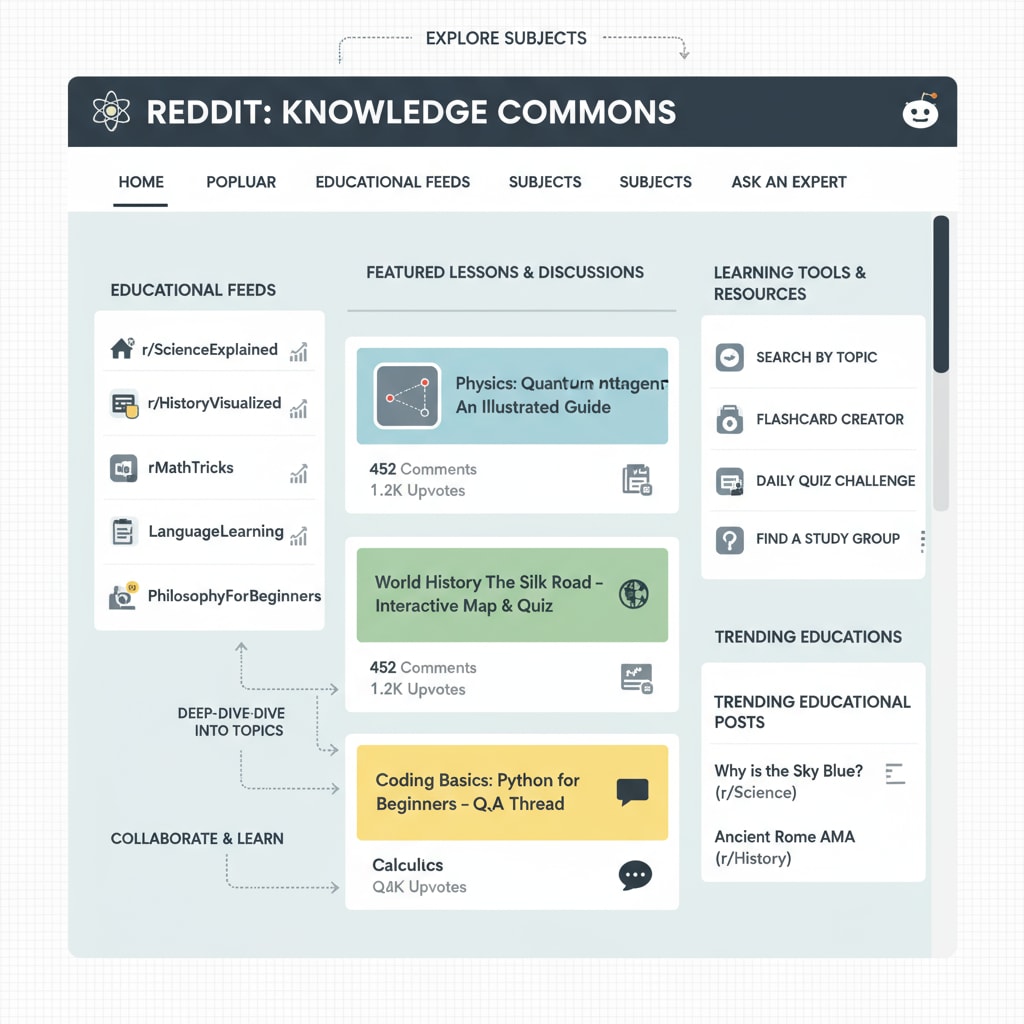 A visual representation of Reddit's interface highlighting educational sections Reddit interface with educational sections marked for community rules, educational networks, and subreddits