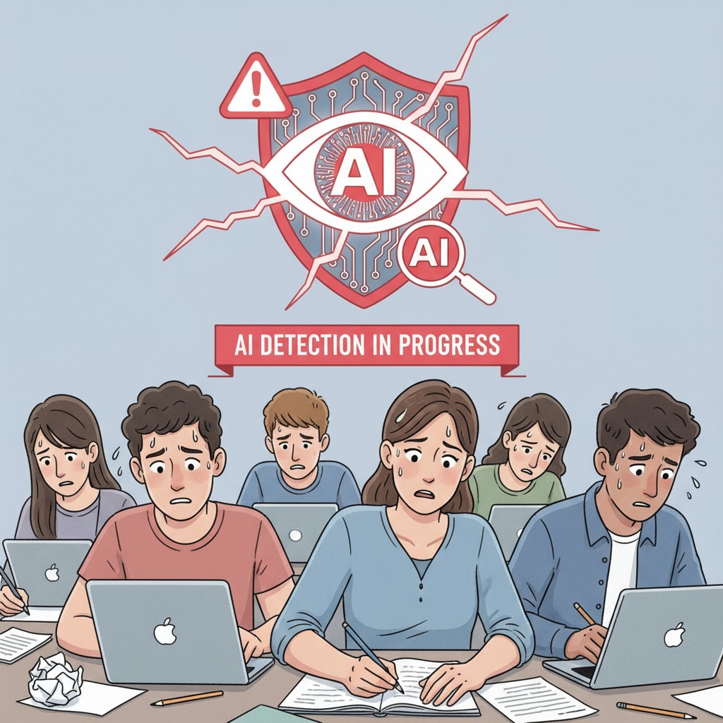 The image depicts students looking worried while writing essays, with an AI detection tool icon in the background, highlighting the stress caused by AI detection in creative writing. Students under stress in creative writing due to AI detection