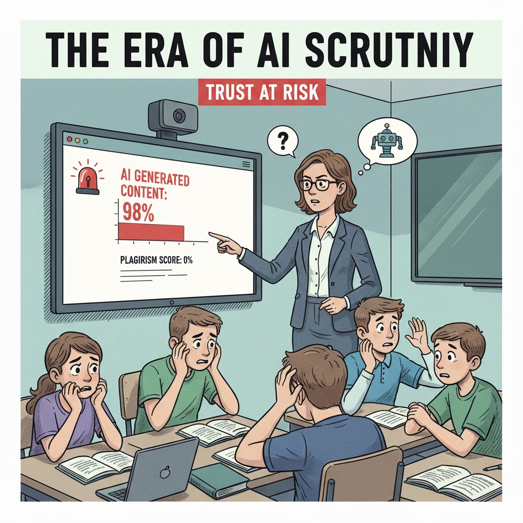 This picture shows a classroom scene where a teacher is looking at a computer screen with an AI detection result and students are looking anxious, emphasizing the atmosphere of distrust created by AI detection. Classroom atmosphere of distrust due to AI detection in creative writing
