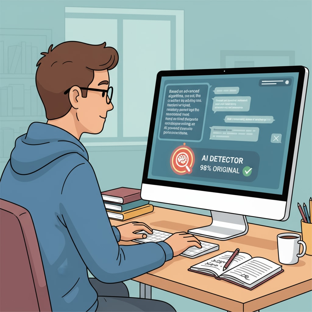 An illustration depicting a student working on a computer, with a screen showing AI-generated text and an icon representing an AI detector. Illustration of a student using a computer with AI-generated text and an AI detector symbol