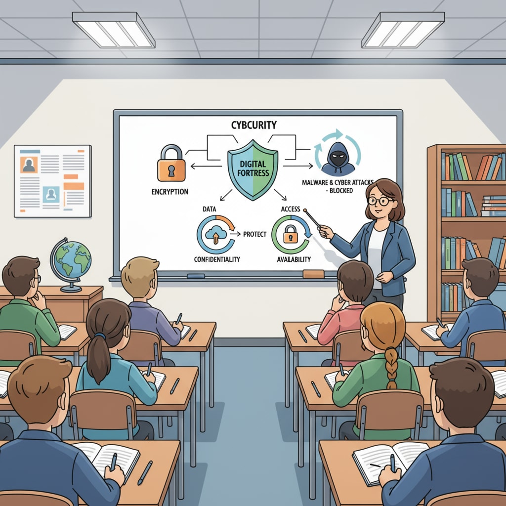 A group of students are sitting in a classroom, looking at the teacher who is pointing at a whiteboard with a diagram explaining cybersecurity concepts. Students learning cybersecurity through engaging teaching methods