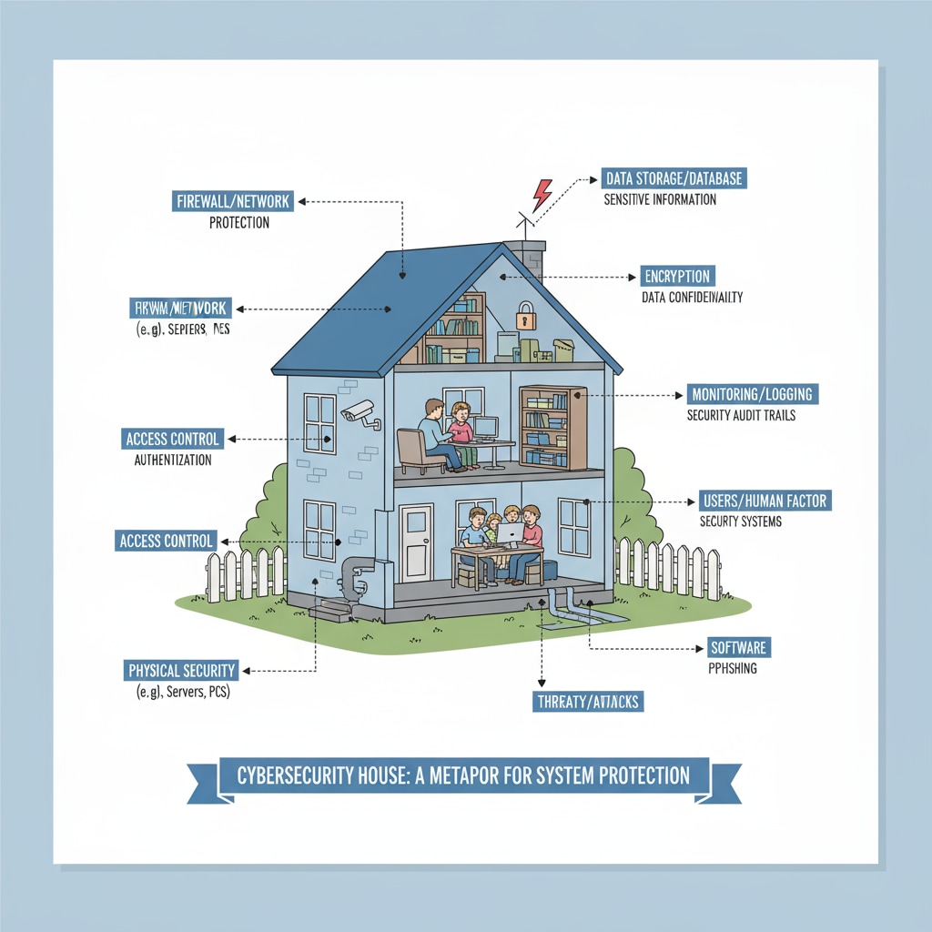 A visual showing a house with labels indicating how different parts of the house represent components of a computer system in terms of cybersecurity. Visual analogy of computer system as a house for cybersecurity teaching
