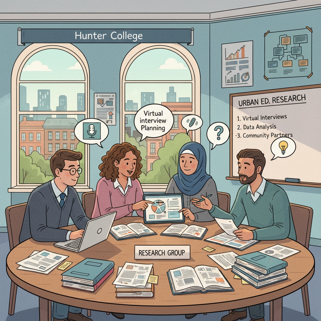 Hunter College students are having a group discussion about their research on the urban education system. They are looking at documents and sharing ideas to plan their virtual interviews. Hunter College students discussing their urban education research project for virtual interviews
