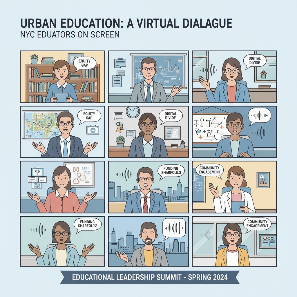 Educators from different schools in NYC are participating in a virtual interview. They are sitting in front of their computers, sharing their thoughts on urban education challenges. Educators in a virtual interview session discussing urban education challenges for the university project