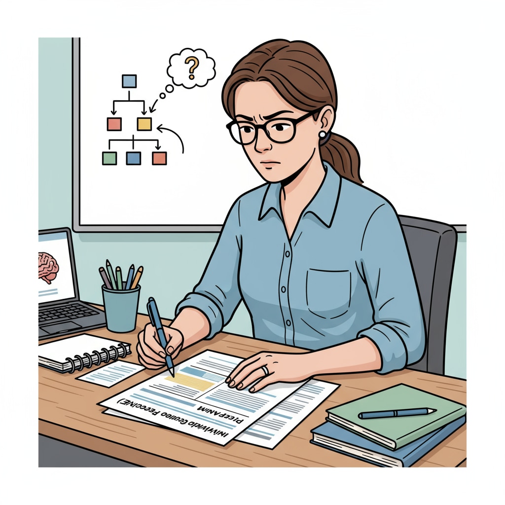An educator is sitting at a desk, looking intently at an IEP document, with a pen in hand as if trying to make sense of the information. Special educator facing reading comprehension difficulties with an IEP document