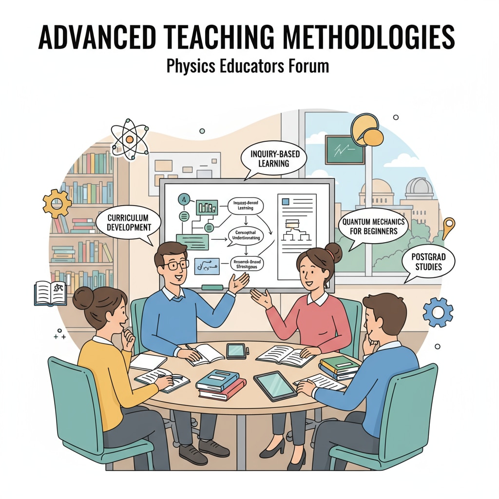 A group of physics teachers are engaged in a lively discussion about educational concepts and strategies, which is relevant to their pursuit of postgraduate education to enhance teaching skills. Physics teachers discussing educational topics in the context of postgraduate education and in-service learning
