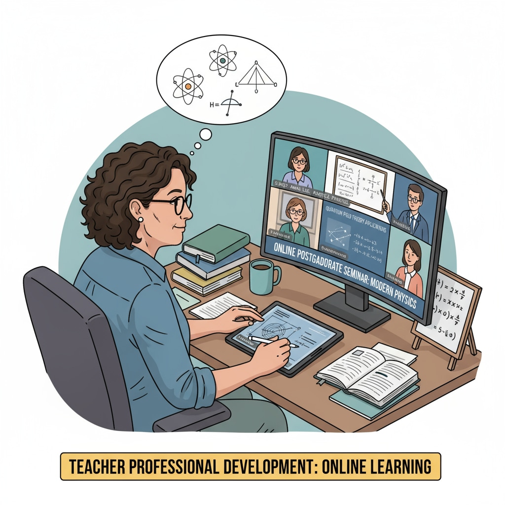 An in-service physics teacher is attentively participating in an online postgraduate class, demonstrating one of the learning modes available for teachers seeking postgraduate education. In-service physics teacher attending an online postgraduate class as part of postgraduate education and in-service learning