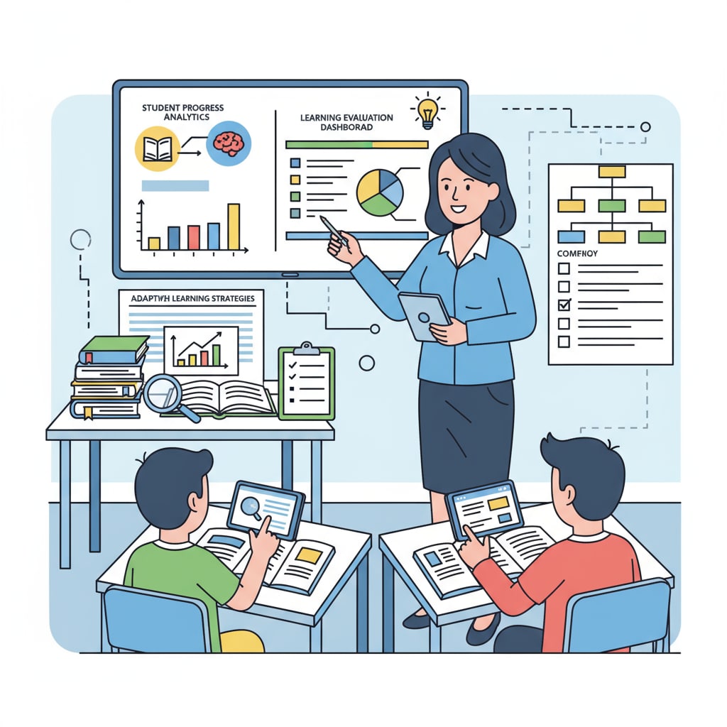 A classroom scene where a teacher is using research and evaluation tools such as tablets and charts to enhance the learning experience of students. Research and evaluation in a K12 classroom to address educational inequality