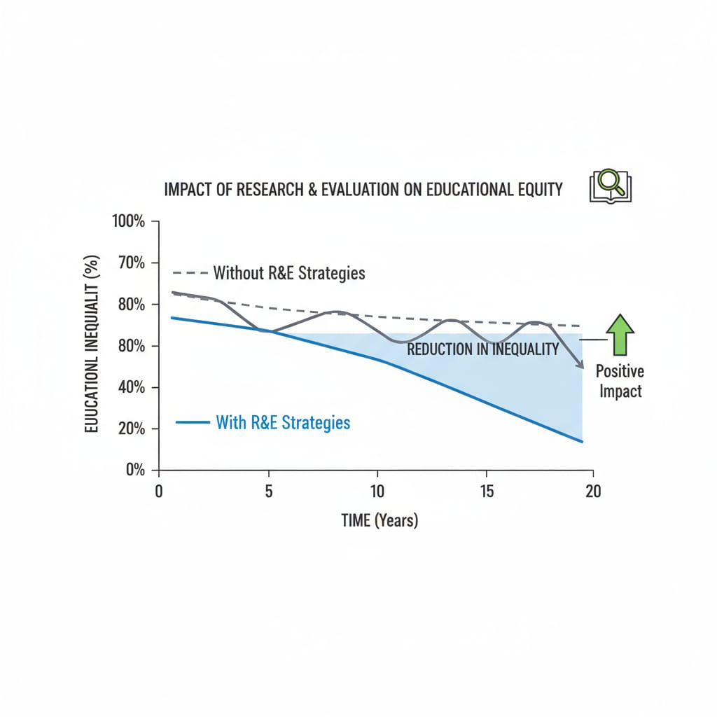 A graph depicting the positive impact of research and evaluation strategies on reducing educational inequality over time. Graph showing the role of research and evaluation in promoting educational equality