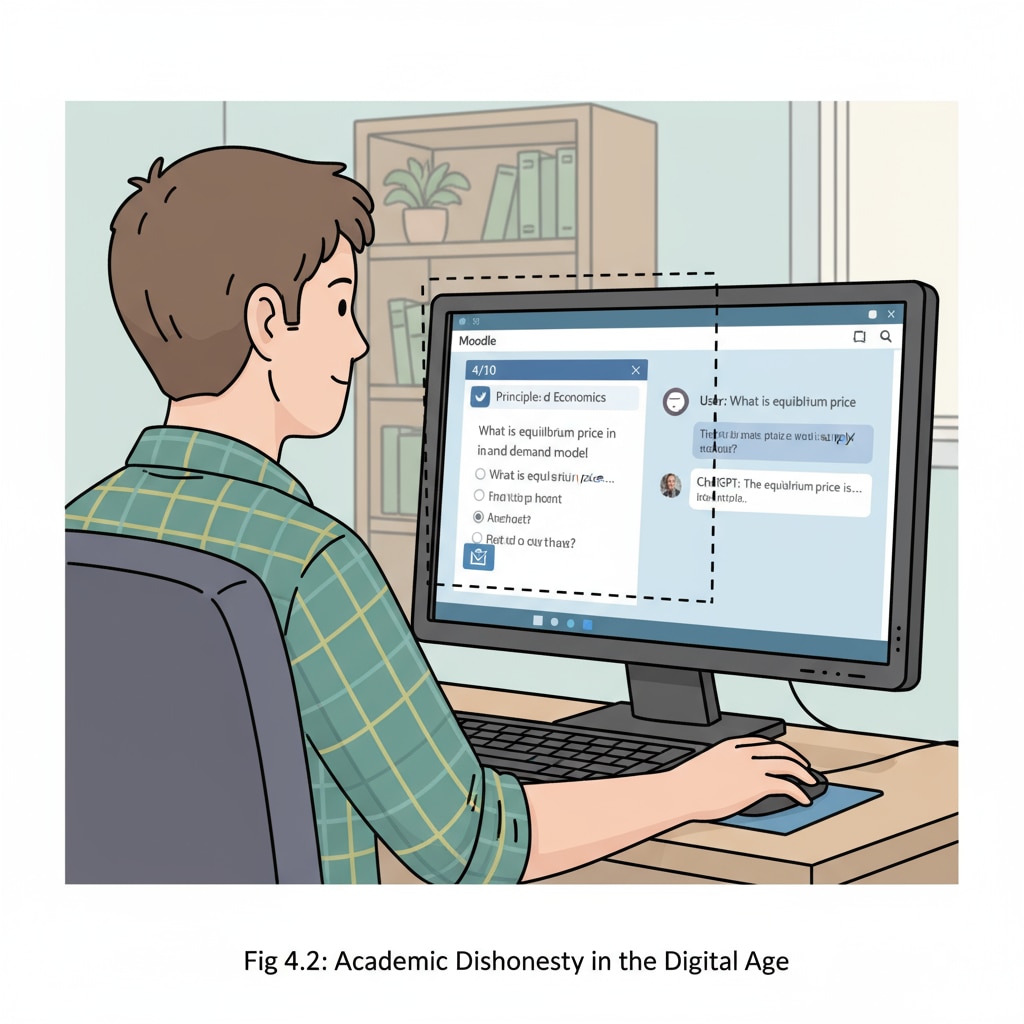 A student is looking at a screen with a Moodle quiz open and a ChatGPT window beside, taking a screenshot, representing the act of using AI for cheating in an online quiz. Student using ChatGPT via screenshots during a Moodle online quiz