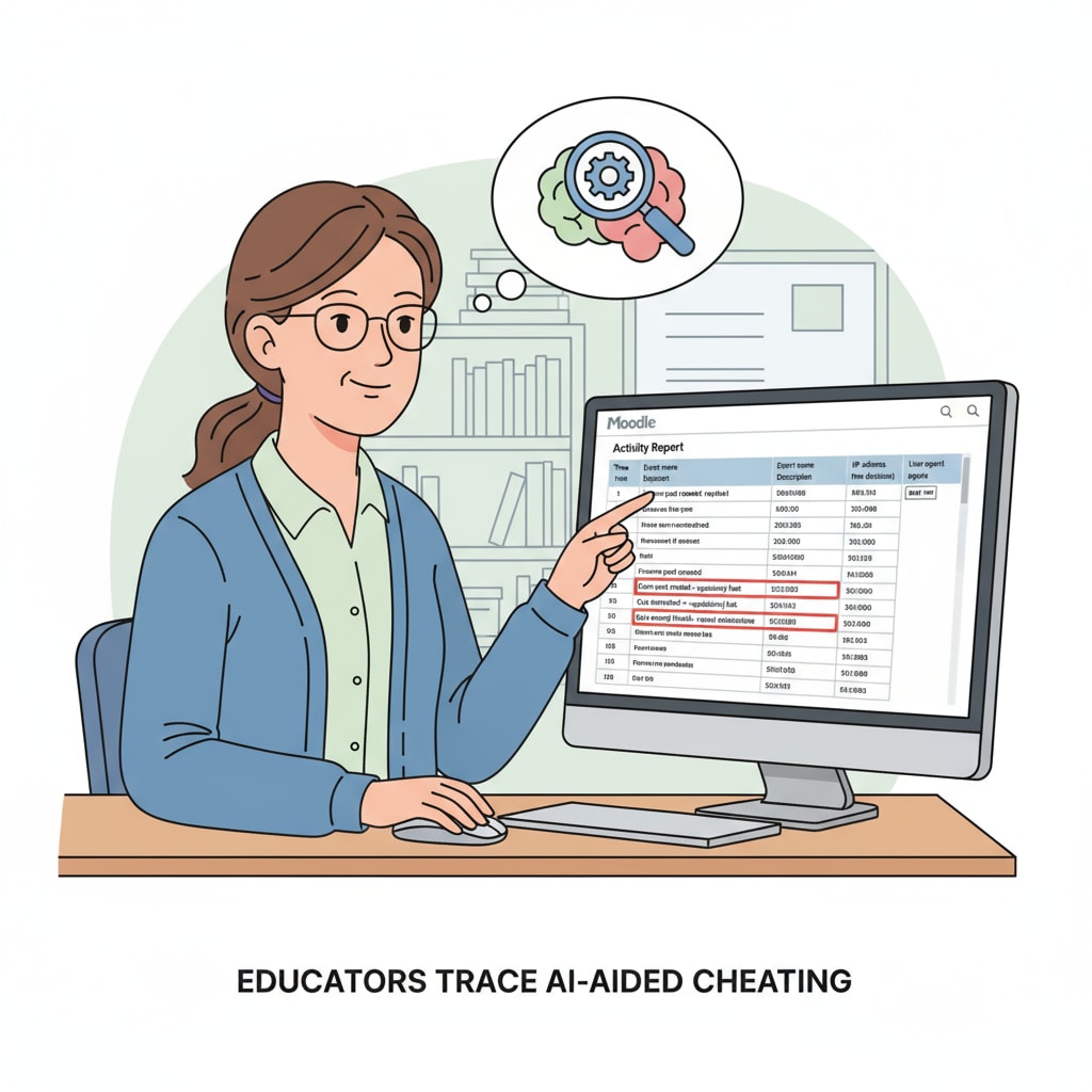 A teacher is looking at a computer screen with Moodle activity logs open, trying to detect signs of cheating, showing the effort of educators to trace AI - aided cheating. Teacher analyzing Moodle activity logs to detect ChatGPT - assisted cheating via screenshots