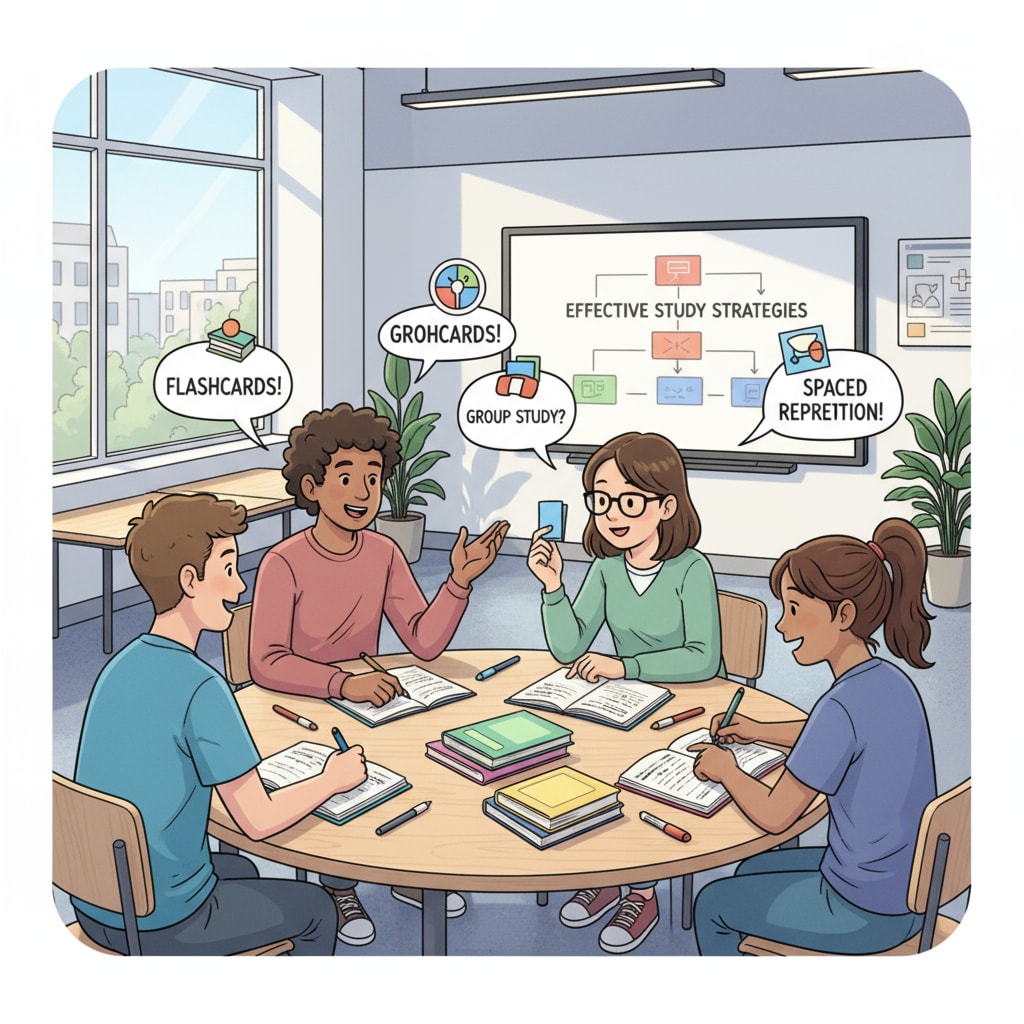 A group of high school students are engaged in a lively discussion about study methods in a modern classroom setting, with notebooks and textbooks on their desks. High school students discussing study methods and academic advice in a classroom