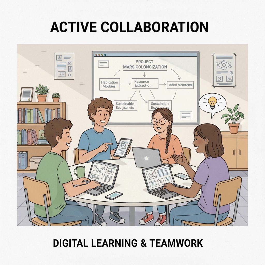 High school students are collaborating on a study project, using digital devices to share ideas and resources, with an atmosphere of active learning. High school students collaborating on a study project related to study methods and academic advice