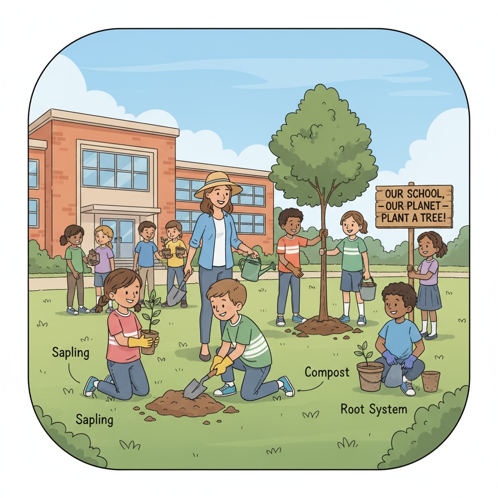 Students are actively involved in a tree planting activity as part of their conservation education in a K-12 school, demonstrating hands-on learning about the environment. K-12 students engaged in conservation education through tree planting