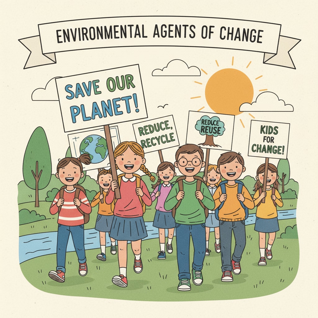 A group of enthusiastic K-12 students are holding signs during an environmental awareness campaign, showing their role as agents of social change. K-12 students acting as agents of social change during an environmental awareness campaign