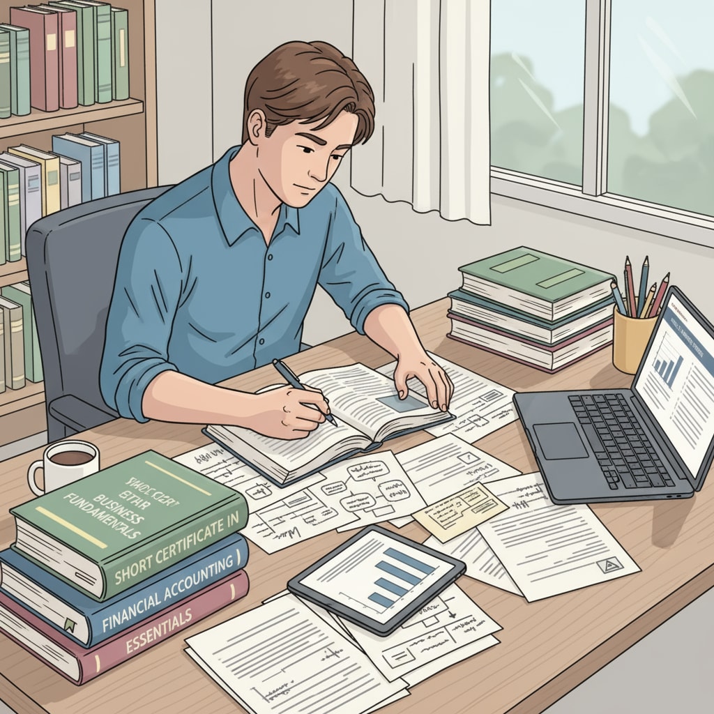 A student is sitting at a study desk, concentrating on a short certificate course material. The desk has books and papers related to the course. A student studying a short certificate course to earn UCAS points for foundation year after A-Levels