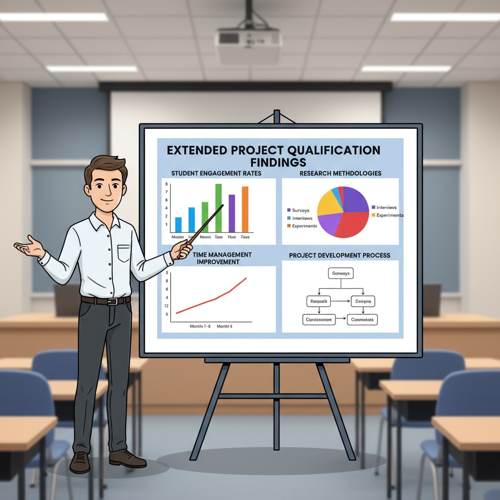 A student is standing in front of a presentation board, presenting the findings of their Extended Project Qualification. There are graphs and charts on the board. A student presenting Extended Project Qualification findings to gain UCAS points for foundation year admission after A-Levels
