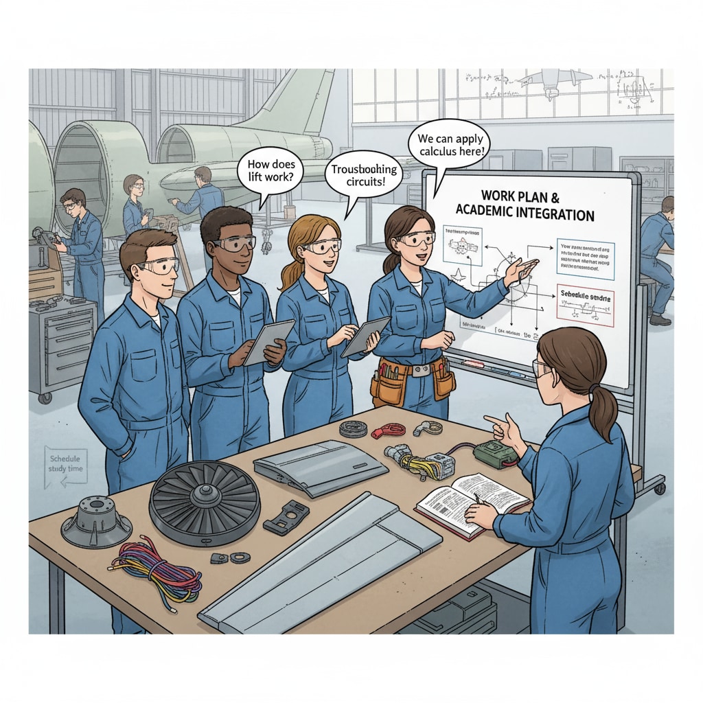 A group of K12 students are in an aircraft maintenance internship setting. They are gathered around, looking at some aircraft parts and discussing their work plans and how to fit their studies into the schedule. K12 students in aircraft maintenance internship discussing work and study balance