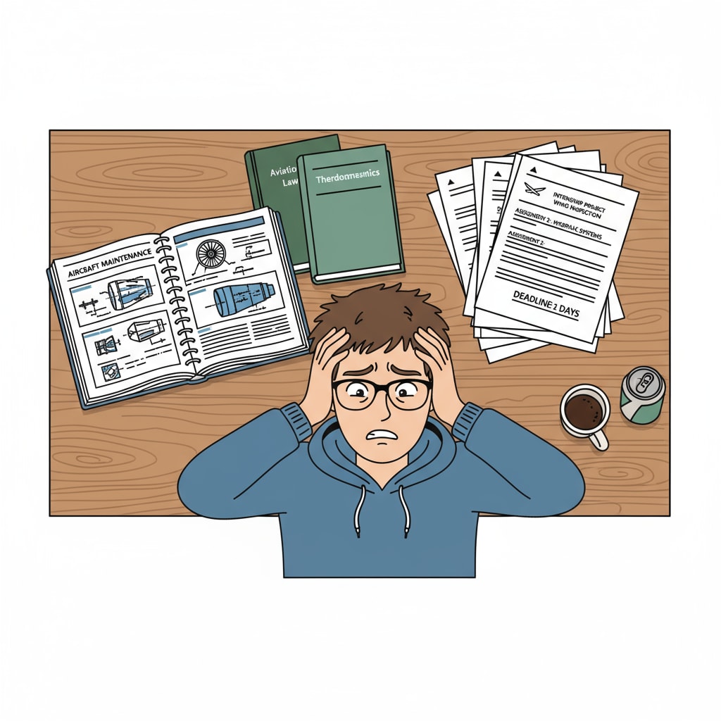 A student is sitting at a desk with open books related to aircraft maintenance on one side and internship assignment papers on the other. The student has a worried expression, indicating the stress of trying to balance both. Student struggling to balance aircraft maintenance internship work and academic studies