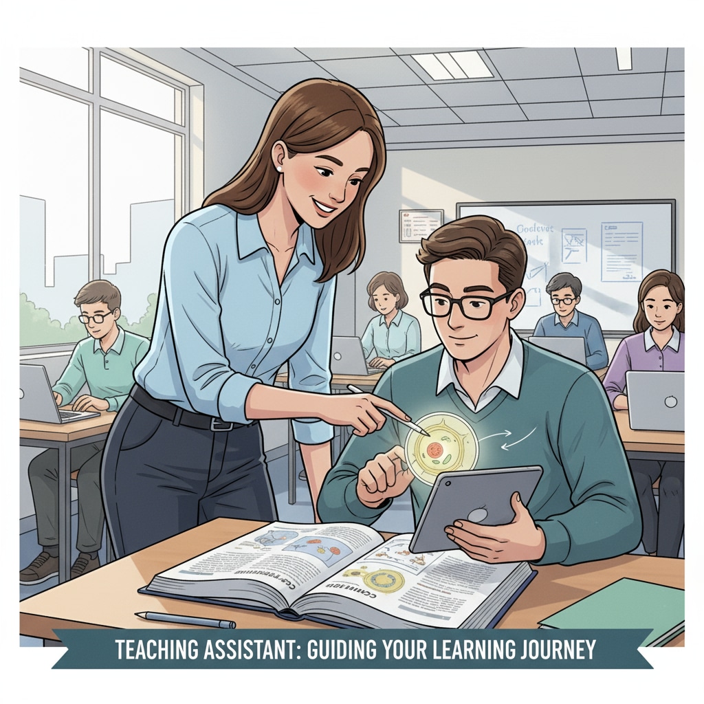 A teaching assistant is shown helping a student with a lesson in a classroom setting, highlighting the role of a teaching assistant. A teaching assistant helping a student in a classroom for MAT program application context