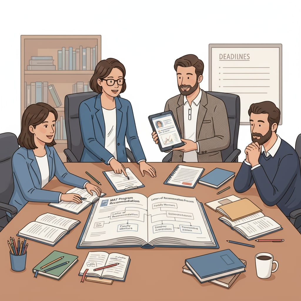 Educators are gathered around a table, discussing a student's academic progress, which is relevant to the process of getting recommendations for MAT programs. Educators discussing a student's progress for MAT program application