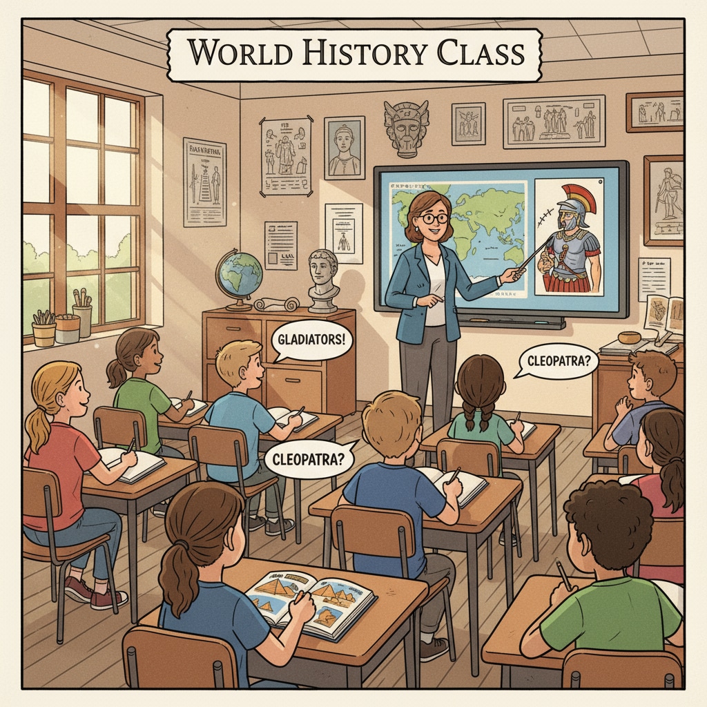 A group of students listening attentively to a history teacher in a classroom, showing the learning atmosphere related to history education. Students listening to a history teacher in a classroom, related to teacher career, college application, and history education